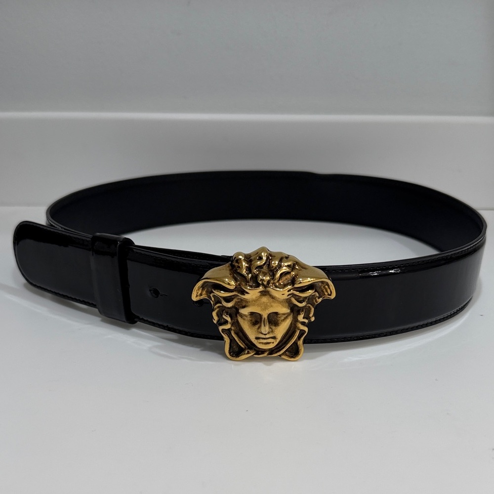 Versace Black Belt with Gold Medusa Buckle